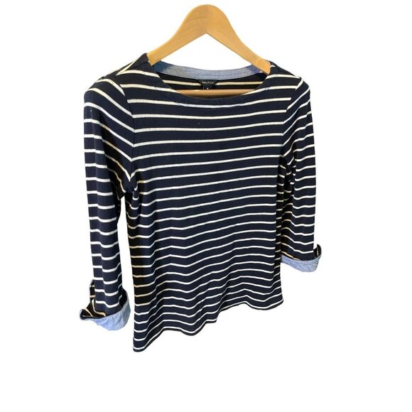 Nautica Navy Blue Boatneck Horizontal Stripe 3/4 Sleeve Pullover Top Sz M - Picture 3 of 6